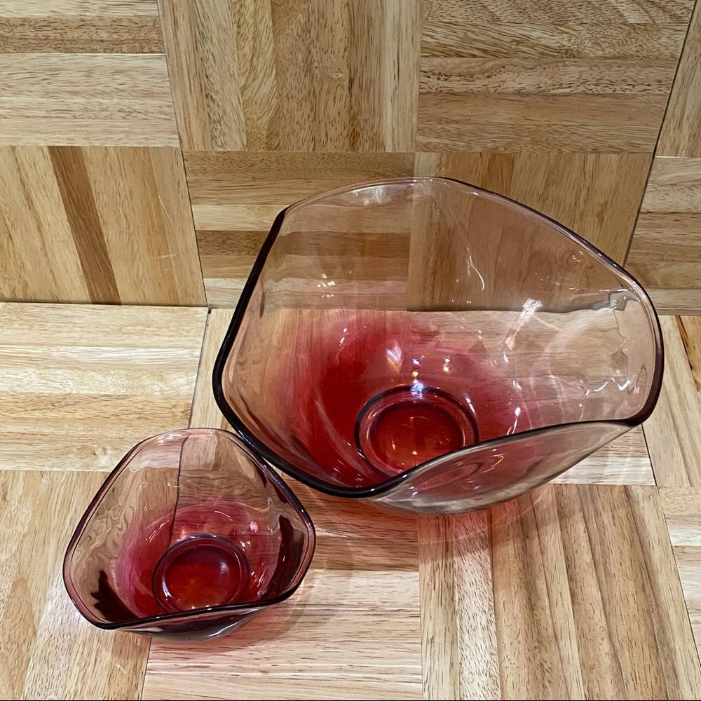 Vintage Indiana Glass Cranberry Scalloped Chip and Dip Bowl Set